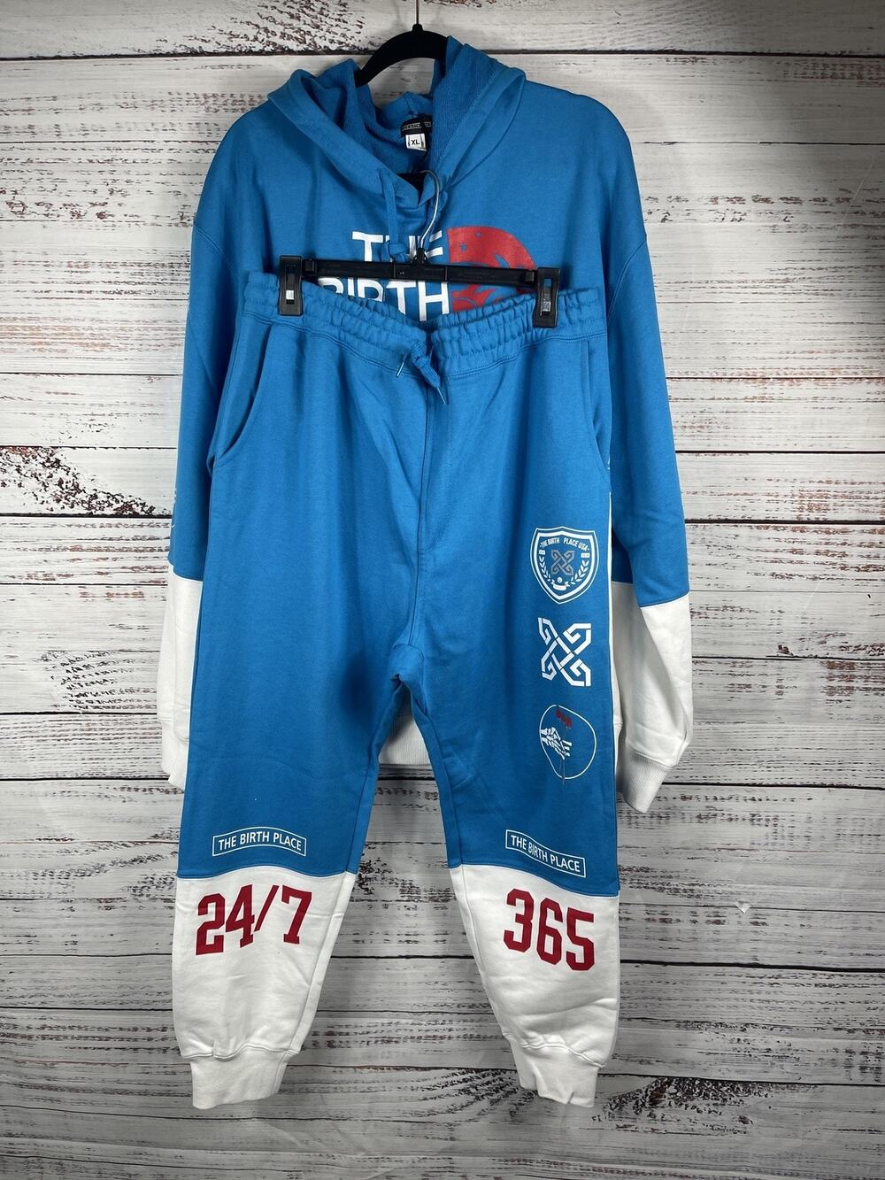 The Birth Place Hoodie Sweatpants Set Mens XL Blue White California USA 24/7 365
